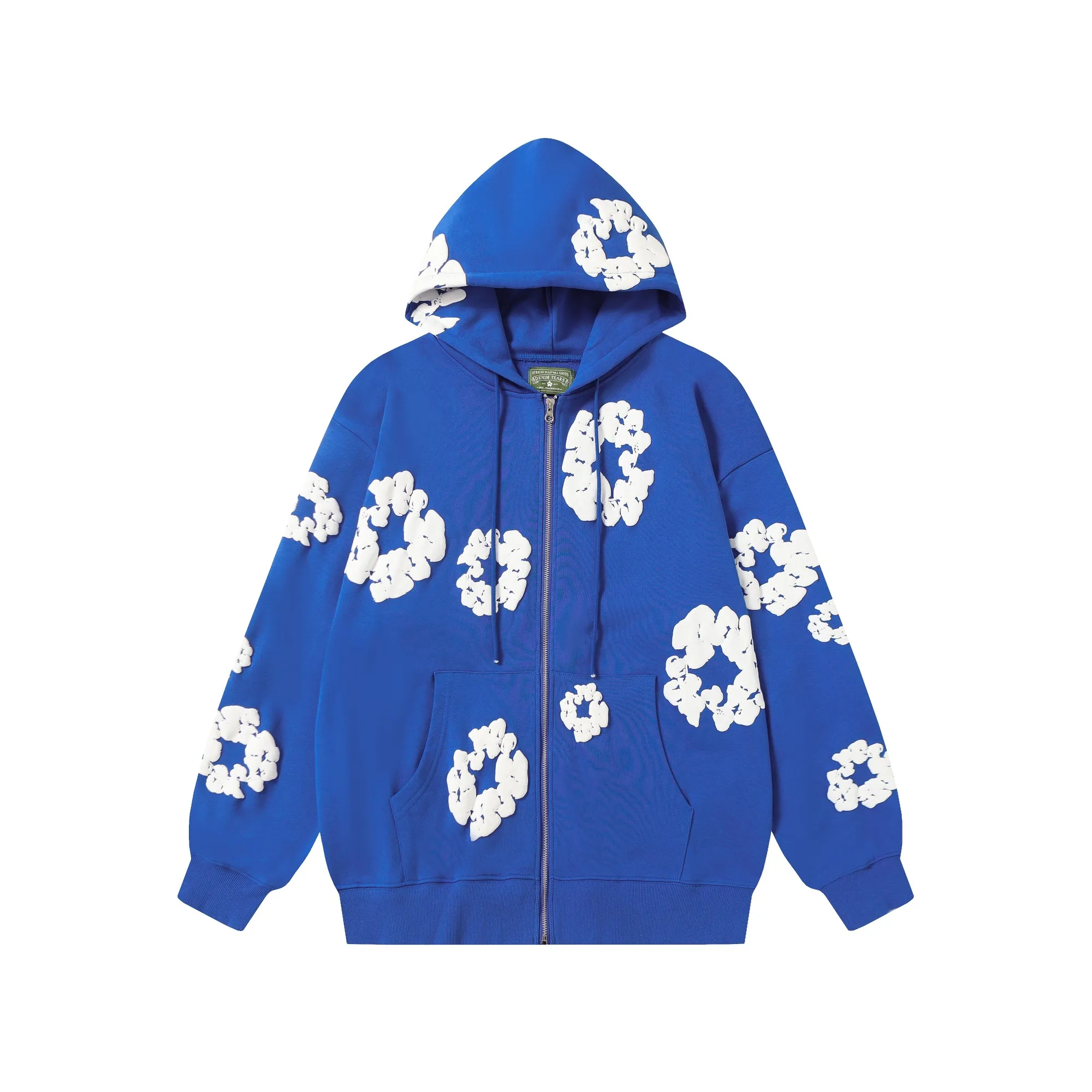 16 colors DENIM TEARS Kapok European and American trendy brand high-quality foam printed hooded sweatshirt jacket. Terry fabric weighs 380 grams. Threads are customized and dyed in the same color. Color Black Gray Blue Green Royal Blue Purple Red Orange Colorful Blue Pink White Sky Blue Brown Carbon Gray Black Gray White White Size S-XL